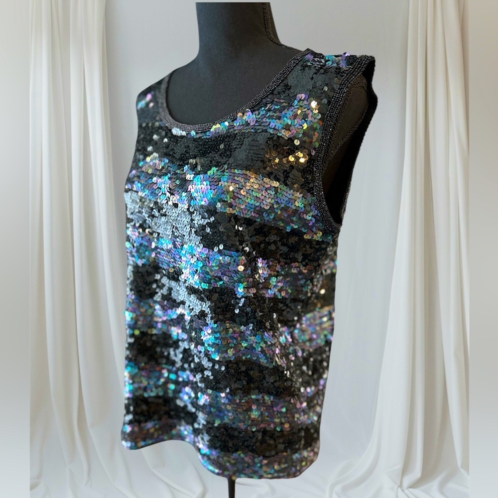 Vintage Gene Ewing Sequin Tank Top Beaded Trim Black Stripe Holidays 1990 Small